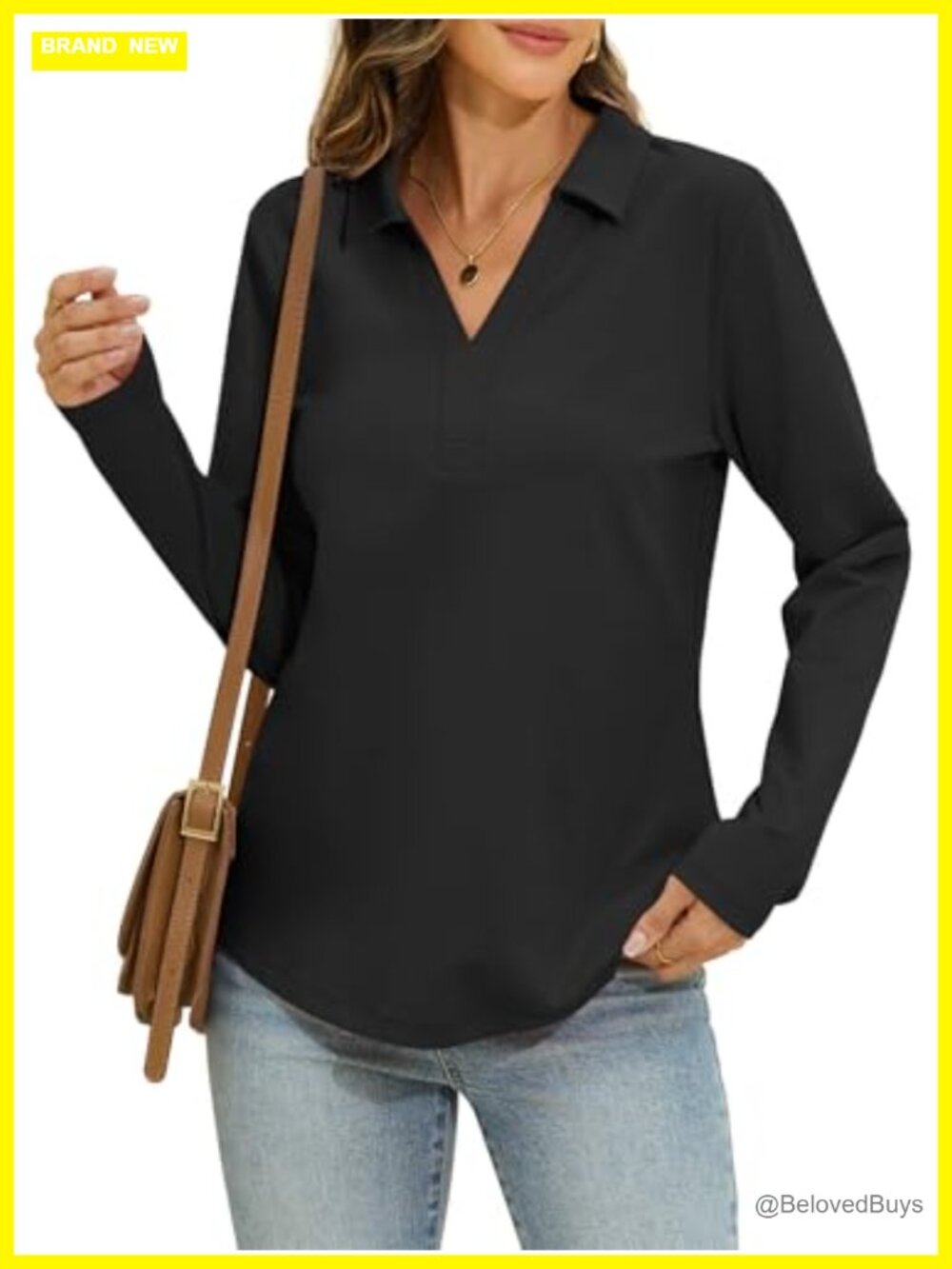 Womens Cotton Long Sleeve Polo Shirt Loose Fit V-Neck Collared Top